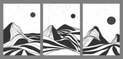 negro y blanco montaña ilustraciones. conjunto de creativo minimalista moderno Arte impresión. resumen contemporáneo estético antecedentes paisajes con montaña y el Dom vector