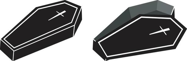 Simple Coffin with cross symbols on top. Vector illustration. Closed and open coffins style.