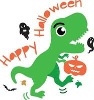 Cute green dinosaur t rex holding a pumpkin and roaring for Halloween party. Vector Illustrator