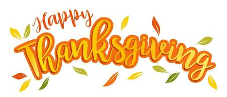 Vector illustration of a Happy Thanksgiving text with pumpkin and leaves.