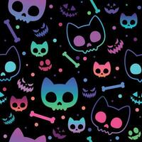 Neon cat skull bones Halloween pattern vector