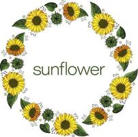 An isolated wreath of yellow sunflowers and leaves. The inscription Sunflower. Vector illustration