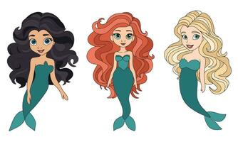 Set of cute mermaid colored outline. Blonde mermaid, red mermaid, brunette mermaid. Vector illustration.