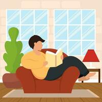 Handsome boy reading a book on a sofa Hygge lifestyle Vector
