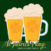 Green saint patrick day poster pair of beer with foam Vector