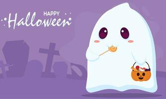 Cute ghost with jack o lantern on graveyard Halloween Vector