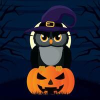 Owl with witch hat on a spooky pumpkin Halloween Vector