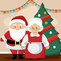 Cute santa and miss claus characters next to a christmas tree Vector