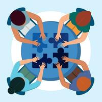 Group of people working with puzzle around a desk Teamwork concept Vector