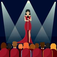 Girl on stage singing to crowd Music concert Vector