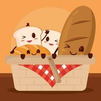 Isolated basket with cute bread bakery product characters Vector