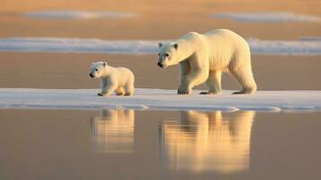 Polar bear with cub running on ice. generative ai photo