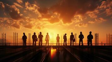 Silhouette of construction worker team standing orders for worker team to work safety on high at construction site. Generative Ai photo