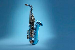 Saxophone isolated on blue background. Music concept. Generative Ai photo