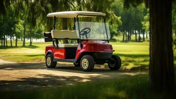 A Golf car, Golf car on the golf course. Generative Ai photo