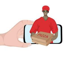 entrega mensajero hombre dando Pizza cajas desde móvil teléfono pantalla vector
