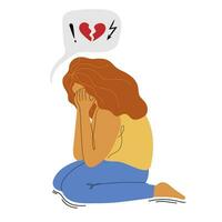 A woman is sitting and crying for broken heart. Concept of mental health, sorrow and depression. vector