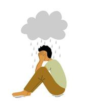 hombre en depresión. chico es sentado debajo el lluvia. concepto de mental trastorno, dolor y depresión vector