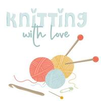 Knitting with love. Skeins of wool yarn with needles and crochet hook. Female hobby vector