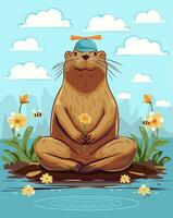 Vector illustration of a capybara sits on a pond and holds a flower. Against the background of clouds, mountains and bees fly.