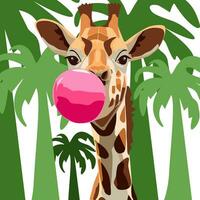 The giraffe inflates a big pink bubble of chewing gum. On the background of palms vector