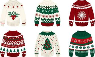 Vector set of ugly Christmas sweaters in red and green colors. Sprig of mistletoe, snowflake, Christmas tree, patterns.