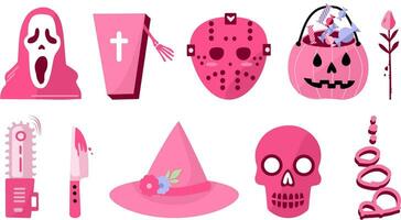 Set of pink vector elements for Halloween. Pinky mood cute Jason mask with chainsaw, scream mask with knife, pumpkin Jack with sweets, witch hat, roses with thorns and sweets.