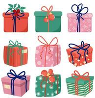 vector set of different Christmas gift boxes. Green, red and pink with bows, Christmas balls.