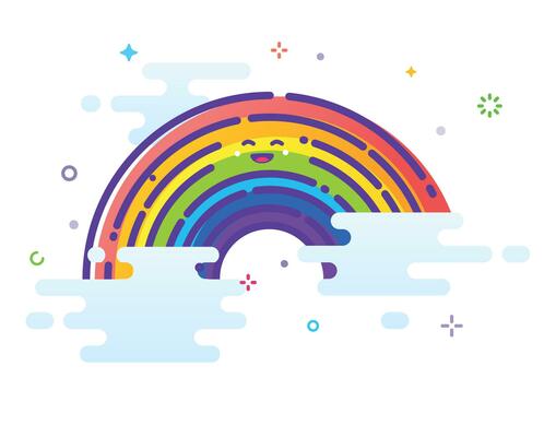 Cute illustration of a rainbow between clouds. Outline illustration