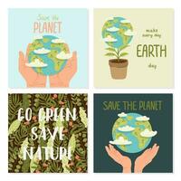 Happy Earth Day Save Nature. Vector eco illustration collection for social media, poster, banner, card, flyer on the theme of saving planet, human hands protect earth