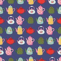 Teapots and kettles vector seamless pattern. Decorative kitchen tools, ceramic drinkware glassware texture