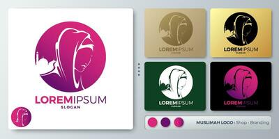 women and hijab vector illustration Logo design. Blank name for insert your Branding. Designed with examples for all kinds of applications. You can used for company, indentity, fashion muslim lady.