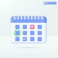 Calendar with heart icon symbols. Valentines day, February, wedding schedule planner concept. 3D vector isolated illustration design. Cartoon pastel Minimal style. Used for design ux, ui, print ad