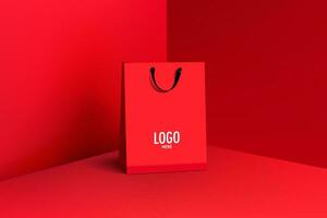 Red paper bag and black handle realistic vector design. Blank logo for insert your Branding. You can used for Marketing online, sales, presentations layout, advertising, promotion campainge, print ad.