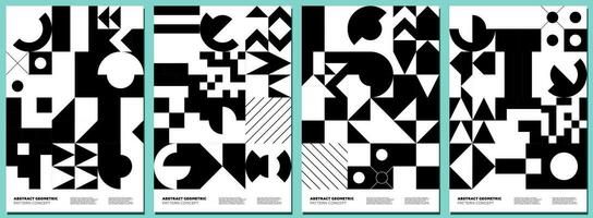 Abstract geometric bauhaus style shapes collage poster set. Memphis elements background collection. Modern trendy forms paintings. Retro monochrome graphic patterns. Vintage simple eps prints design vector