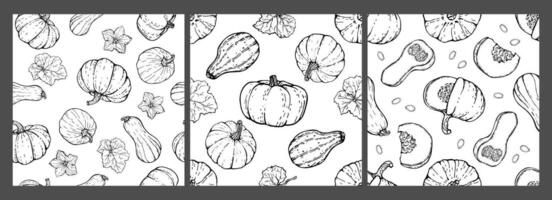 Pumpkin seamless patterns set. Black outline on a white background. Pumpkins of various shapes and characters, hand-drawn. Sketch. Vector illustrated clipart.