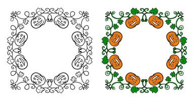 Halloween frames set with silhouettes of pumpkins, bats, spiderweb, tree branches. Halloween border collection isolated on white. Design element for card, poster, text decoration. Vector illustration