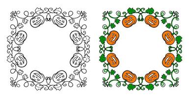 Halloween frames set with silhouettes of pumpkins, bats, spiderweb, tree branches. Halloween border collection isolated on white. Design element for card, poster, text decoration. Vector illustration