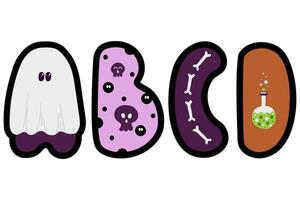 Halloween English alphabet. ABCD letters in flat cartoon style. Abc with Ghost, skull, bones, potion vector