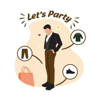 Lets party. Vector illustration in flat cartoon style. Man in a tuxedo with shopping bags.