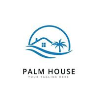 fiesta playa con árbol palma y hogar logo diseño vector