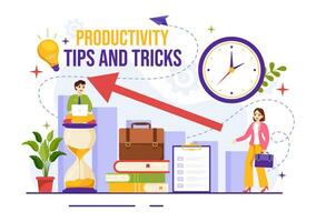 productividad consejos y truco vector ilustración con márketing producto para eficaz anuncio y promoción Campaña a aumentar marca reconocimiento