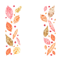 Frame of colorful autumn leaves imprints, sea buckthorn and cowberries. Set of fall dry leaves and berries. Watercolor illustration, space for text. png