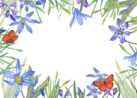 vattenfärg horisontell ram med scillas, påskliljor, fjärilar, hyacinter. illustration innehåller Plats för din text. spara de datum, valentines dag, födelsedag, bröllop vykort png