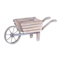 Wooden wheelbarrow. Agricultural equipment. Farm cart for garden work. Watercolor illustration for the design of booklet, flyer, label, package. png