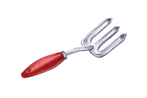 Small fork with red wooden handle. Hand tool for garden work. Farming equipment. Watercolor illustration for the design of booklet, flyer, label, package. png