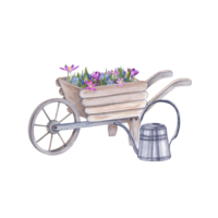 Watercolor spring flowers planted in wooden wheelbarrow and steel watering can next to it. Illustration for the design of booklet, flyers, labels, book png