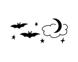 bats and moon, flying bats, stars. Illustration for printing, backgrounds and packaging. Image can be used for greeting cards, posters, stickers and textile. Isolated on white background. vector