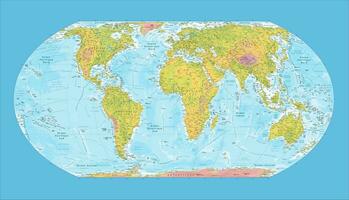 Detailed physical world map French language Equal earth projection vector