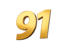 Gold number 91 Ninety one . shiny 3d number made of gold 3d illustration png